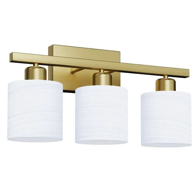 Alt view image 2 of 7 - Bathroom Light Fixtures, Bathroom Lighting Fixtures Over Mirror, Interior Classic Vanity Lights, Modern Vanity Light with Textured White Glass Shade, Brushed Gold, 3-Light