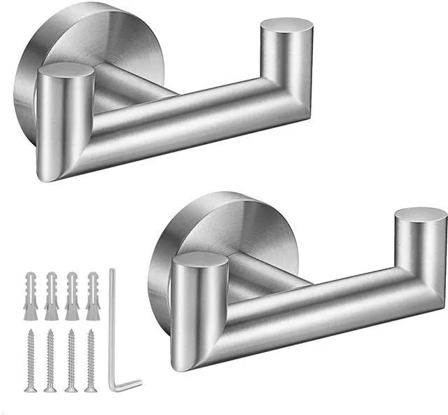 Main image of Towel Hooks for Bathrooms,Brushed Nickel Towel Hook for Kitchen Bathroom,SUS304 Stainless Steel Coat Hook,Heavy Duty Double Holder Robe Hooks for Hanging Towels,Coats,Sponges,Clothes,Wall Mount,2 Pack