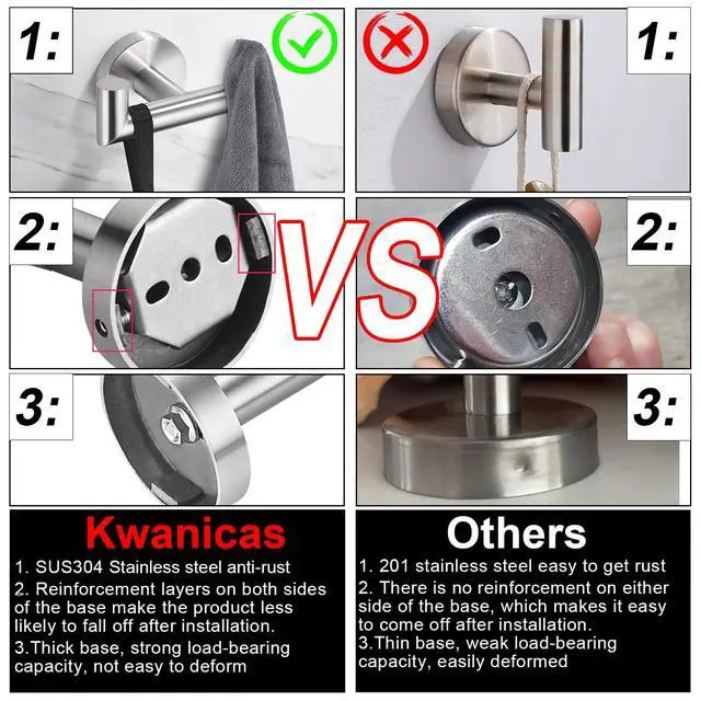 Alt view image 5 of 7 - Towel Hooks for Bathrooms,Brushed Nickel Towel Hook for Kitchen Bathroom,SUS304 Stainless Steel Coat Hook,Heavy Duty Double Holder Robe Hooks for Hanging Towels,Coats,Sponges,Clothes,Wall Mount,2 Pack