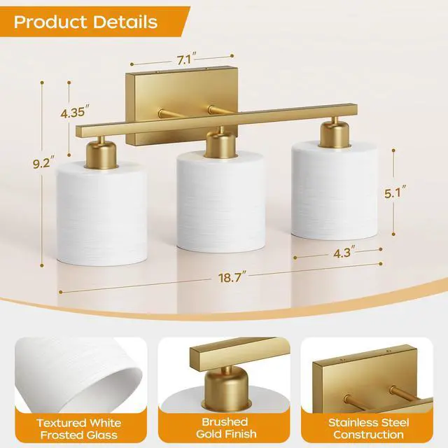Alt view image 3 of 7 - Bathroom Light Fixtures, Bathroom Lighting Fixtures Over Mirror, Interior Classic Vanity Lights, Modern Vanity Light with Textured White Glass Shade, Brushed Gold, 3-Light