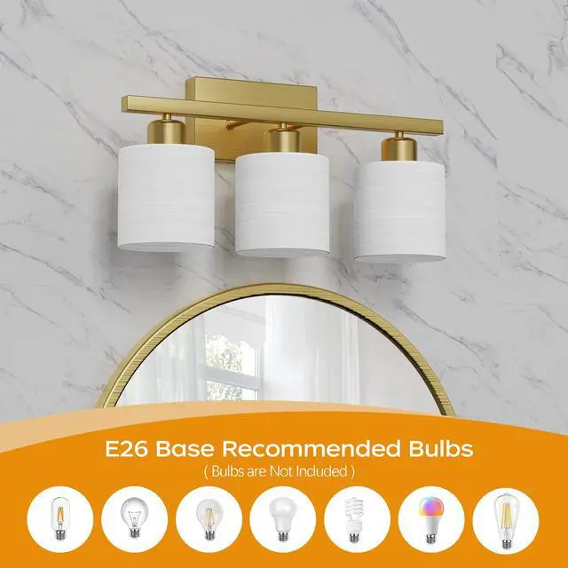 Alt view image 4 of 7 - Bathroom Light Fixtures, Bathroom Lighting Fixtures Over Mirror, Interior Classic Vanity Lights, Modern Vanity Light with Textured White Glass Shade, Brushed Gold, 3-Light