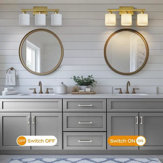 Alt view image 5 of 7 - Bathroom Light Fixtures, Bathroom Lighting Fixtures Over Mirror, Interior Classic Vanity Lights, Modern Vanity Light with Textured White Glass Shade, Brushed Gold, 3-Light