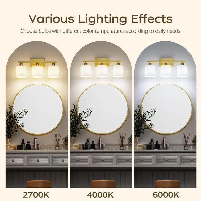 Alt view image 6 of 7 - Bathroom Light Fixtures, Bathroom Lighting Fixtures Over Mirror, Interior Classic Vanity Lights, Modern Vanity Light with Textured White Glass Shade, Brushed Gold, 3-Light