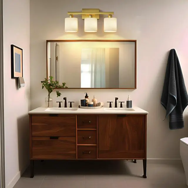 Alt view image 7 of 7 - Bathroom Light Fixtures, Bathroom Lighting Fixtures Over Mirror, Interior Classic Vanity Lights, Modern Vanity Light with Textured White Glass Shade, Brushed Gold, 3-Light