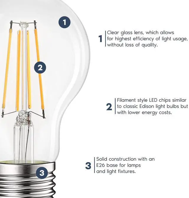 Alt view image 5 of 7 - Vintage A19 LED Light Bulbs 60W Equivalent, 3000K Soft White Dimmable, 800 Lumens, Standard LED Edison Bulb 8W, UL Listed, E26 Base (4 Pack)