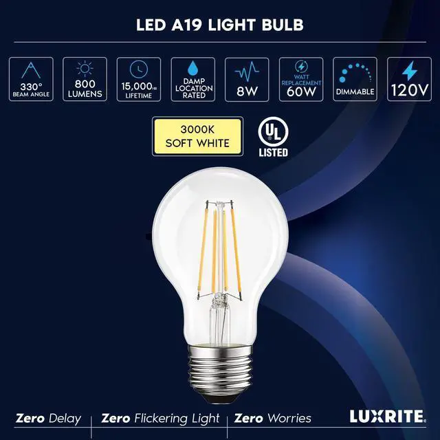 Alt view image 7 of 7 - Vintage A19 LED Light Bulbs 60W Equivalent, 3000K Soft White Dimmable, 800 Lumens, Standard LED Edison Bulb 8W, UL Listed, E26 Base (4 Pack)