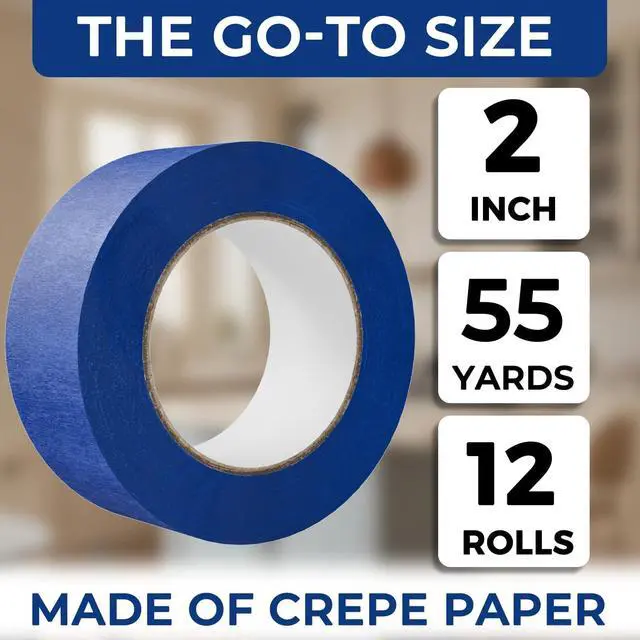 Alt view image 2 of 7 - Blue Painters Tape 2 Inch Wide, 12 Rolls, 55 Yards Each, Clean Removal | Cover More per Strip; Crisp Paint Lines; Protect Walls & Trim; Easy to See & Align; Hand Tear, No Tools; No Mid-Project Pause