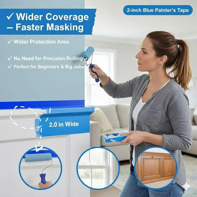 Alt view image 3 of 7 - Blue Painters Tape 2 Inch Wide, 12 Rolls, 55 Yards Each, Clean Removal | Cover More per Strip; Crisp Paint Lines; Protect Walls & Trim; Easy to See & Align; Hand Tear, No Tools; No Mid-Project Pause
