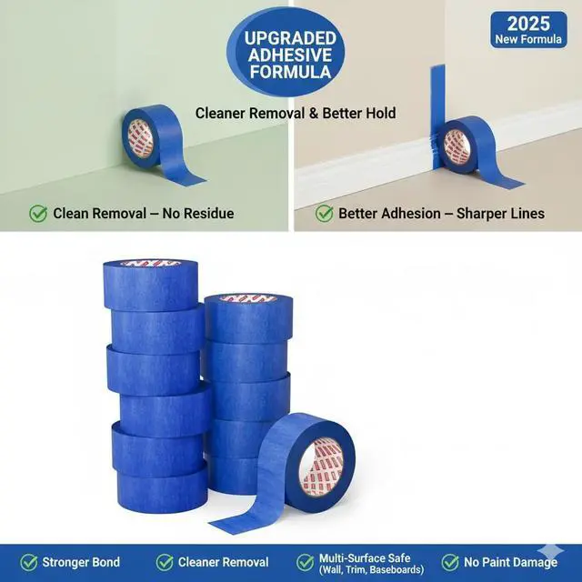 Alt view image 4 of 7 - Blue Painters Tape 2 Inch Wide, 12 Rolls, 55 Yards Each, Clean Removal | Cover More per Strip; Crisp Paint Lines; Protect Walls & Trim; Easy to See & Align; Hand Tear, No Tools; No Mid-Project Pause
