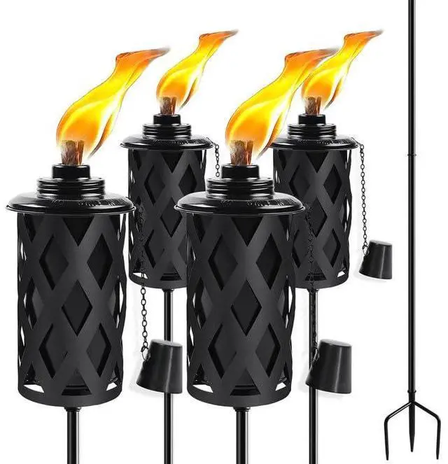 Main image of Citronella Torches for Outside Set of 4, 16 Oz Outdoor Torches with 3-Prong Grounded Stake, 59 Inch Metal Torch for Garden Décor, Outside Torches for Backyard, Garden, Patio (Black