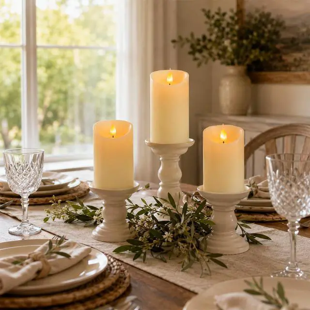 Alt view image 2 of 7 - Rechargeable Flickering Flameless Candles Battery Operated with Remote and Timer, Pack of 3(D 3'' X H 4''5''6'') Long Lasting Ivory White Real Wax LED USB Pillar Candles