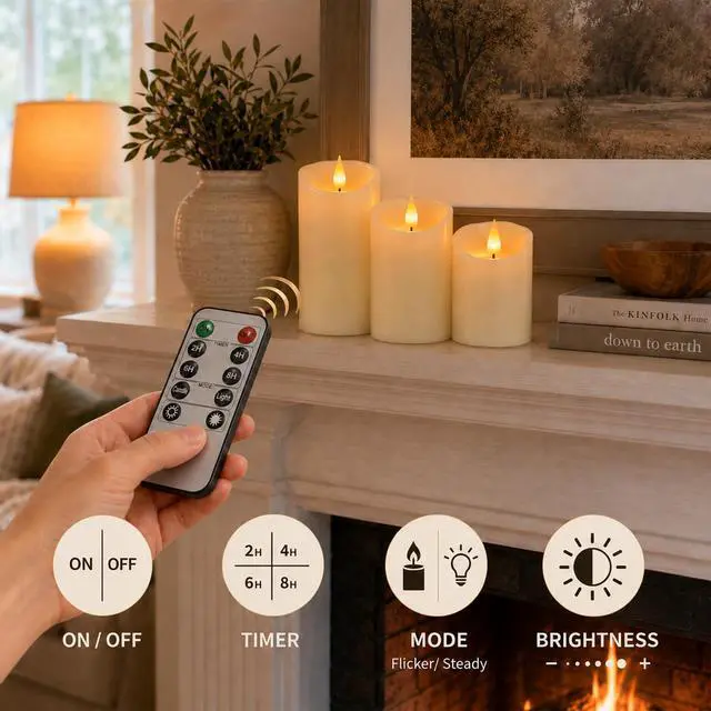 Alt view image 3 of 7 - Rechargeable Flickering Flameless Candles Battery Operated with Remote and Timer, Pack of 3(D 3'' X H 4''5''6'') Long Lasting Ivory White Real Wax LED USB Pillar Candles