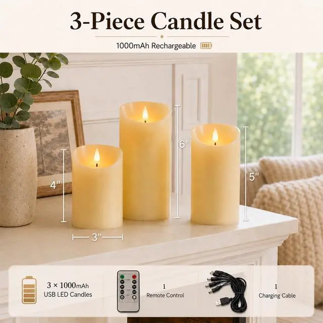 Alt view image 4 of 7 - Rechargeable Flickering Flameless Candles Battery Operated with Remote and Timer, Pack of 3(D 3'' X H 4''5''6'') Long Lasting Ivory White Real Wax LED USB Pillar Candles