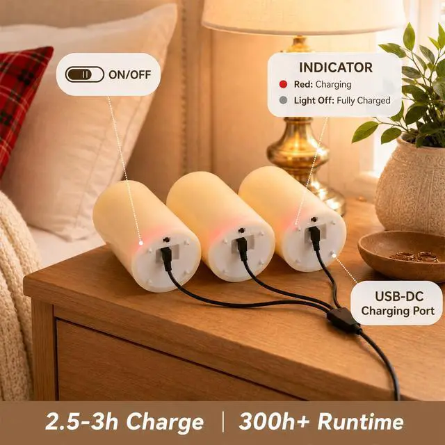 Alt view image 5 of 7 - Rechargeable Flickering Flameless Candles Battery Operated with Remote and Timer, Pack of 3(D 3'' X H 4''5''6'') Long Lasting Ivory White Real Wax LED USB Pillar Candles