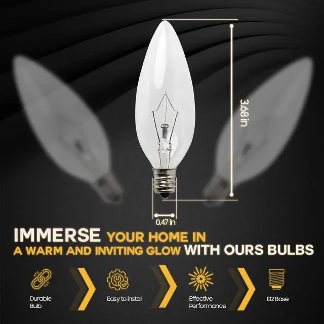 Alt view image 2 of 6 - 12 Pack 60W 120V E12 Base B10 CTC Incandescent Light Bulbs, Warm White 2700K, Transparent Candle Light Bulbs Perfect for Chandeliers, Ceiling Fan Lights, Pendants, Fireplace, Dimmable