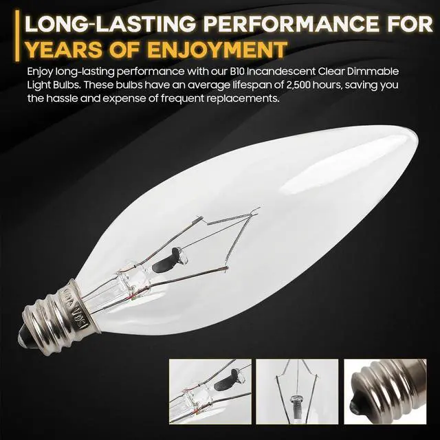 Alt view image 3 of 6 - 12 Pack 60W 120V E12 Base B10 CTC Incandescent Light Bulbs, Warm White 2700K, Transparent Candle Light Bulbs Perfect for Chandeliers, Ceiling Fan Lights, Pendants, Fireplace, Dimmable