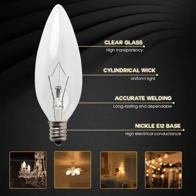 Alt view image 4 of 6 - 12 Pack 60W 120V E12 Base B10 CTC Incandescent Light Bulbs, Warm White 2700K, Transparent Candle Light Bulbs Perfect for Chandeliers, Ceiling Fan Lights, Pendants, Fireplace, Dimmable