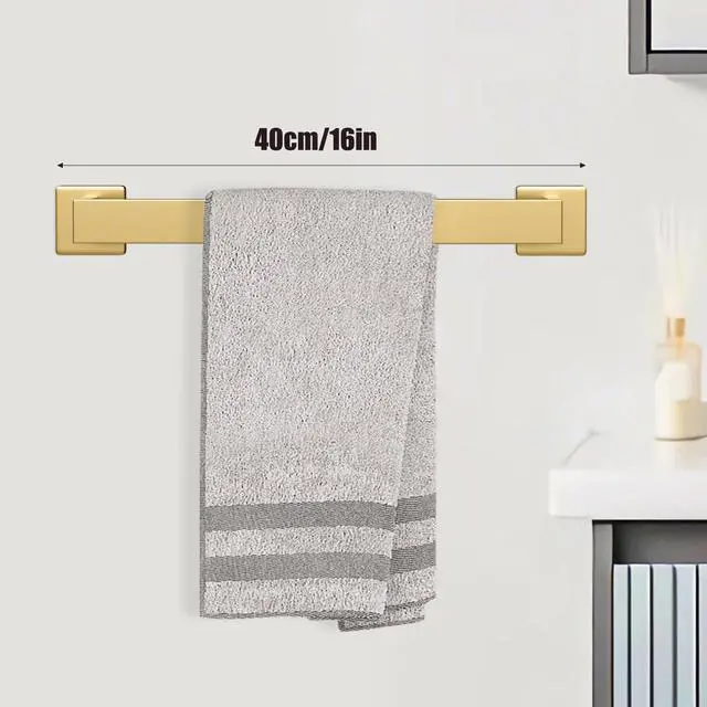 Alt view image 2 of 6 - 5 Piece Gold Towel Bar Set Bathroom Hardware Set Gold Bathroom Accessories Set with 2 Towel Hook, Stainless Steel Wall Mounted Bathroom Towel Rack Set Square 16-Inch