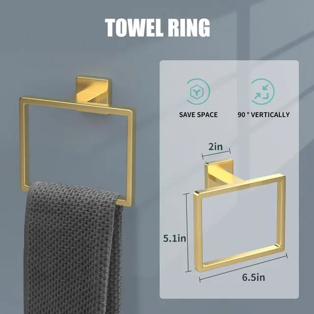Alt view image 3 of 6 - 5 Piece Gold Towel Bar Set Bathroom Hardware Set Gold Bathroom Accessories Set with 2 Towel Hook, Stainless Steel Wall Mounted Bathroom Towel Rack Set Square 16-Inch