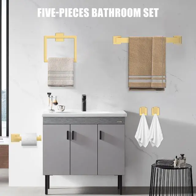 Alt view image 6 of 6 - 5 Piece Gold Towel Bar Set Bathroom Hardware Set Gold Bathroom Accessories Set with 2 Towel Hook, Stainless Steel Wall Mounted Bathroom Towel Rack Set Square 16-Inch