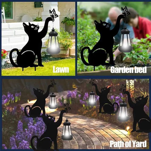 Alt view image 4 of 6 - Solar Black Cat Lights Yard Decorations Outdoor | Unique Gift for Woman Mom Grandma Garden Decor Stake with Butterfly Decorative Metal Lawn Ornament for Pathway Patio