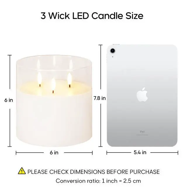 Alt view image 2 of 7 - Large 3 Wick Clear Glass Flameless Pillar Candle with Remote | 6x6 inch LED Candle Flickering, Triple Wick, 2 AA Battery Powered, Accent Home Decor Gift