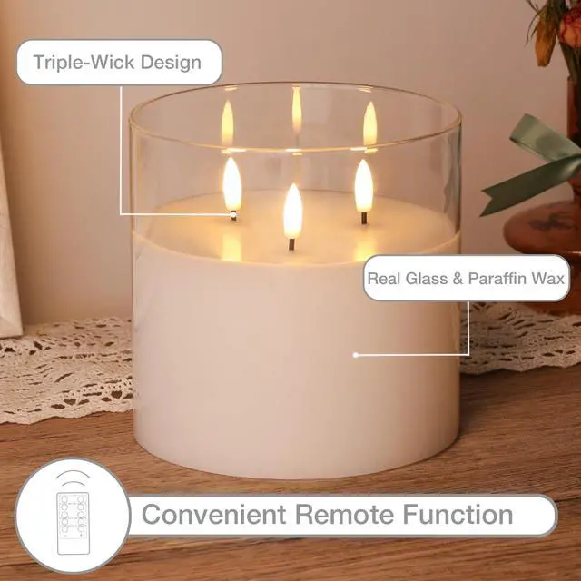 Alt view image 4 of 7 - Large 3 Wick Clear Glass Flameless Pillar Candle with Remote | 6x6 inch LED Candle Flickering, Triple Wick, 2 AA Battery Powered, Accent Home Decor Gift