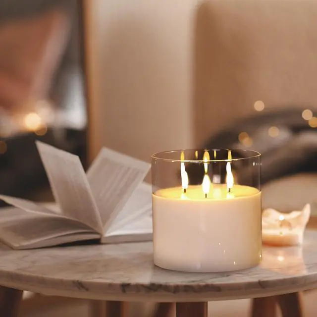 Alt view image 6 of 7 - Large 3 Wick Clear Glass Flameless Pillar Candle with Remote | 6x6 inch LED Candle Flickering, Triple Wick, 2 AA Battery Powered, Accent Home Decor Gift