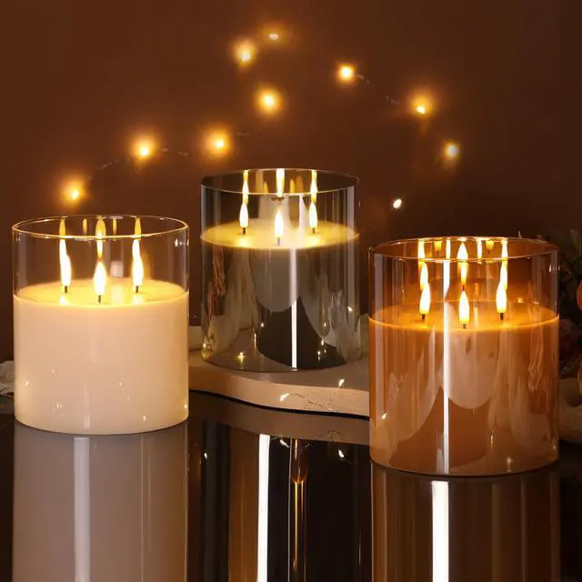 Alt view image 7 of 7 - Large 3 Wick Clear Glass Flameless Pillar Candle with Remote | 6x6 inch LED Candle Flickering, Triple Wick, 2 AA Battery Powered, Accent Home Decor Gift