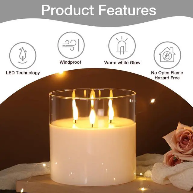Alt view image 5 of 7 - Large 3 Wick Clear Glass Flameless Pillar Candle with Remote | 6x6 inch LED Candle Flickering, Triple Wick, 2 AA Battery Powered, Accent Home Decor Gift