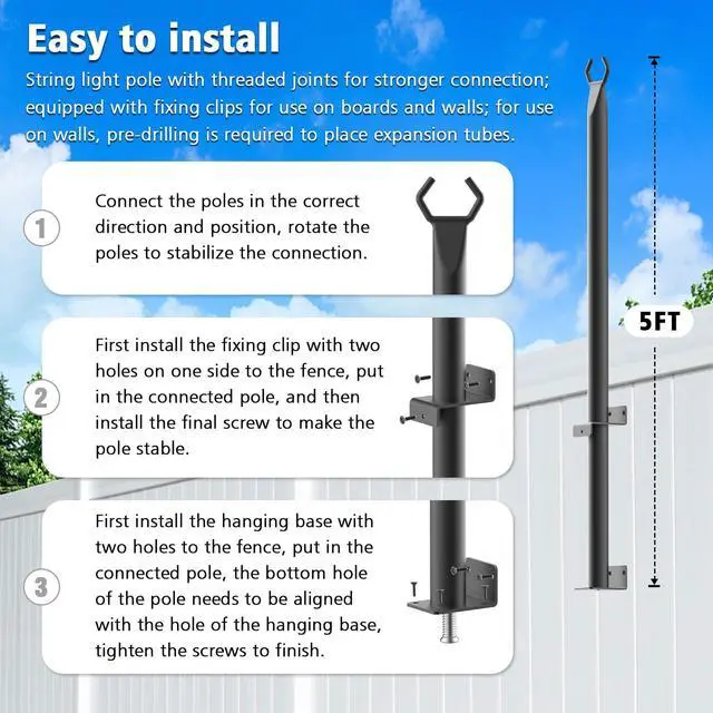 Alt view image 7 of 7 - 4 Pack String Light Poles,5Ft Metal Poles for Outdoor String Lights,Outdoor Light Poles with Post,Poles/Stand for Outside,Patio,Deck,Backyard,Garden Wedding,Party