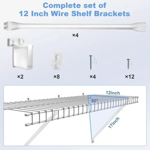 Alt view image 3 of 7 - 12 Inch Wire Shelf Brackets Set, 4 Pack Metal White Closet Support Bracket with End Brackets & Clips for Wire Shelving Wall Bracket Installation, Support Wire Closet Shelves Racks(4 Pack)