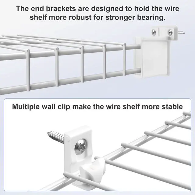Alt view image 5 of 7 - 12 Inch Wire Shelf Brackets Set, 4 Pack Metal White Closet Support Bracket with End Brackets & Clips for Wire Shelving Wall Bracket Installation, Support Wire Closet Shelves Racks(4 Pack)