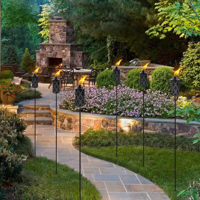 Alt view image 2 of 7 - Citronella Torches for Outside Set of 4, 16 Oz Outdoor Torches with 3-Prong Grounded Stake, 59 Inch Metal Torch for Garden Décor, Outside Torches for Backyard, Garden, Patio (Black