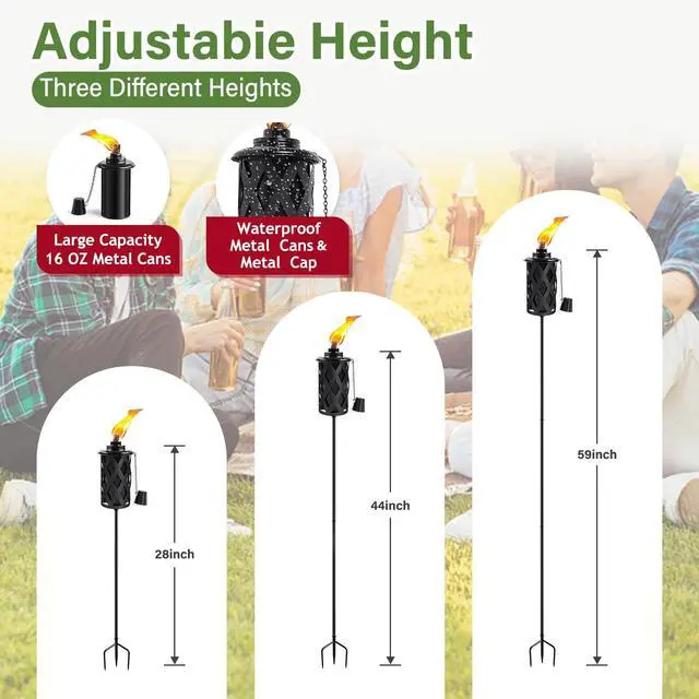 Alt view image 3 of 7 - Citronella Torches for Outside Set of 4, 16 Oz Outdoor Torches with 3-Prong Grounded Stake, 59 Inch Metal Torch for Garden Décor, Outside Torches for Backyard, Garden, Patio (Black