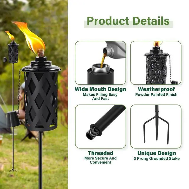 Alt view image 4 of 7 - Citronella Torches for Outside Set of 4, 16 Oz Outdoor Torches with 3-Prong Grounded Stake, 59 Inch Metal Torch for Garden Décor, Outside Torches for Backyard, Garden, Patio (Black