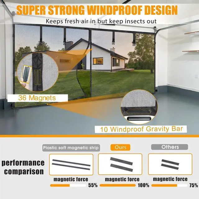 Alt view image 4 of 7 - Garage Screen Doors, 9×7FT for 1 Car Garage, Heavy Duty Fiberglass | Durable Magnetic Retractable Hands Free Garage Door Screen with 4 Roll Up Straps, for Patio, Workshop, Home Gym & Sun Room