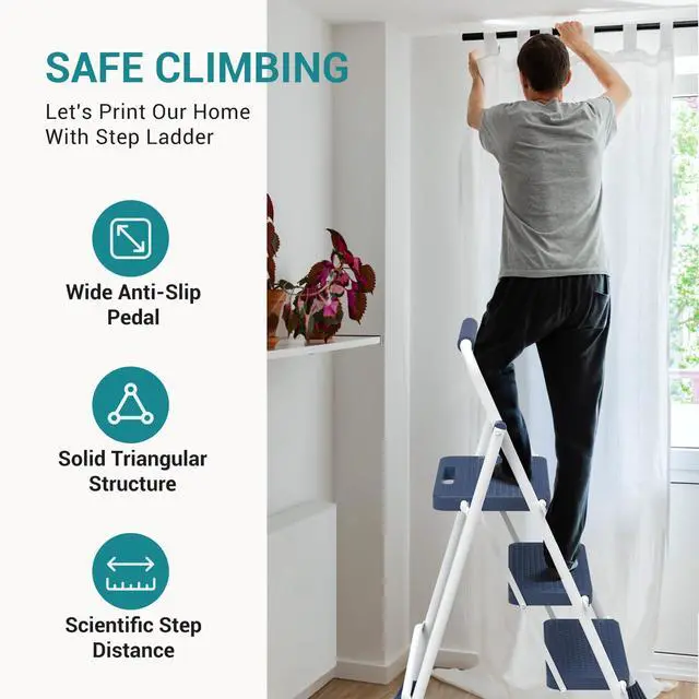 Alt view image 7 of 7 - 3 Step Ladder, 880lbs Heavy Duty Step Stool with Anti-Slip Pedal | Portable Stepping Stool with Sturdy Ladder & Comfortable Handrail, for Kitchen, Garage & Outdoor Use, Blue