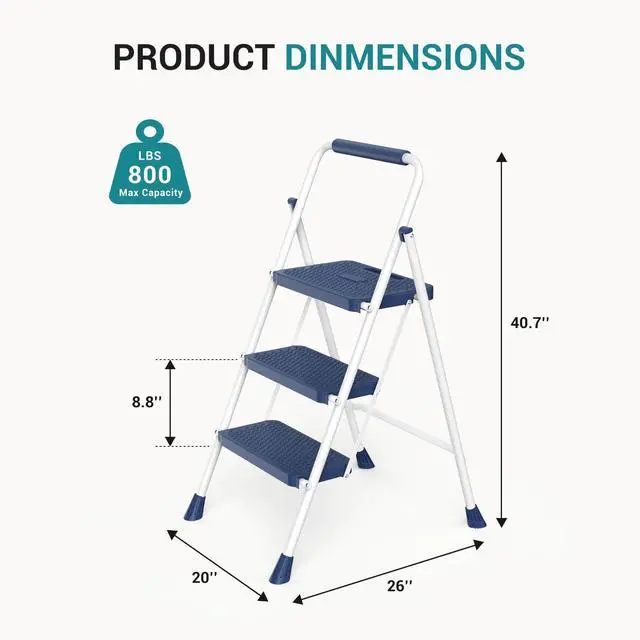 Alt view image 6 of 7 - 3 Step Ladder, 880lbs Heavy Duty Step Stool with Anti-Slip Pedal | Portable Stepping Stool with Sturdy Ladder & Comfortable Handrail, for Kitchen, Garage & Outdoor Use, Blue