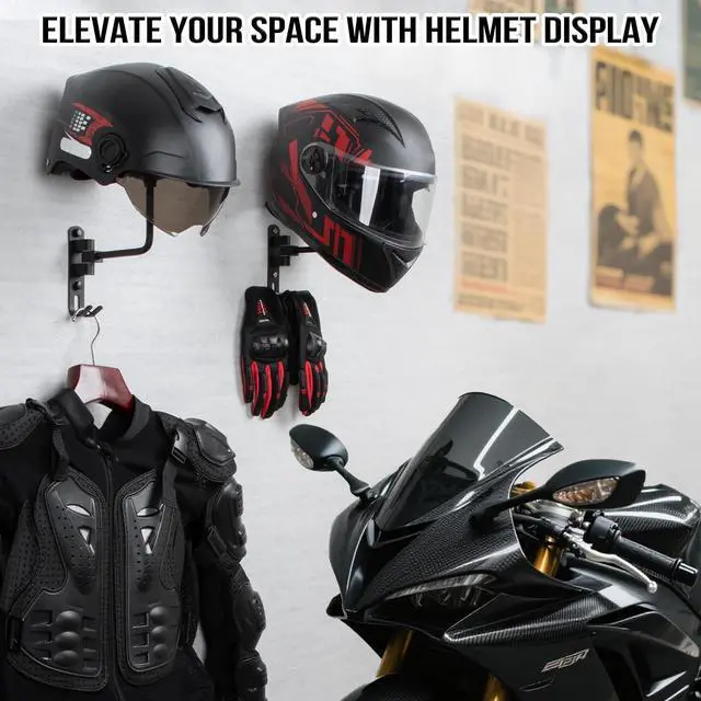 Alt view image 2 of 7 - Helmet Holder Wall Mount - 180° Rotation Motorcycle Helmet Hanger | 2 Pack, for Motorcycle Bike Racing Outerwear Sports Gear Display