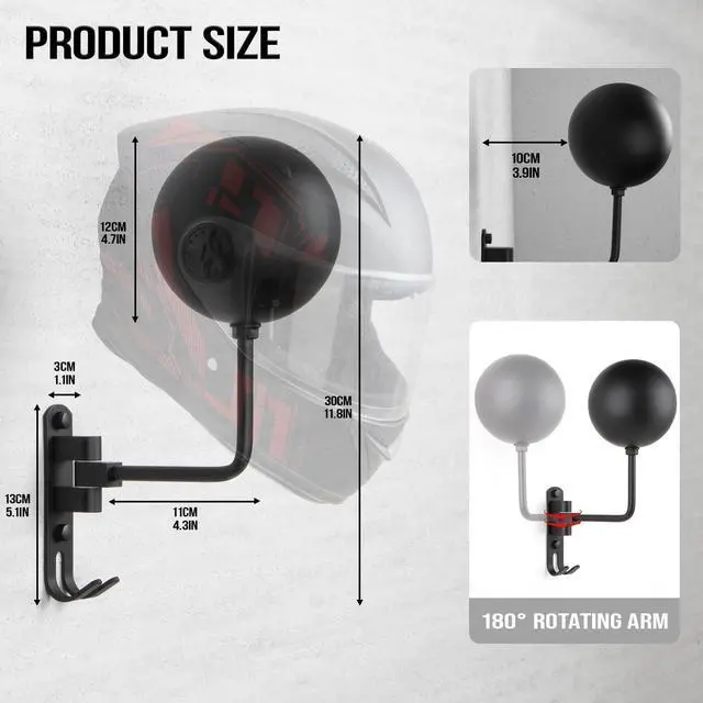 Alt view image 4 of 7 - Helmet Holder Wall Mount - 180° Rotation Motorcycle Helmet Hanger | 2 Pack, for Motorcycle Bike Racing Outerwear Sports Gear Display
