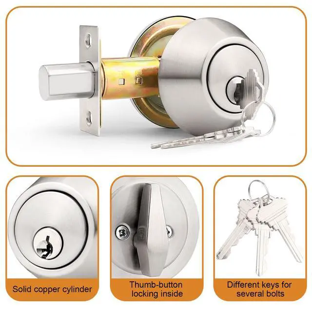 Alt view image 2 of 7 - Keyed Cylinder Deadbolt Single Side in Brushed Nickel, Anti-Theft Exterior Door Lock with 3 Keys, Entrance Lock and Front Door Lock, Each Set Different Key (1Pack)