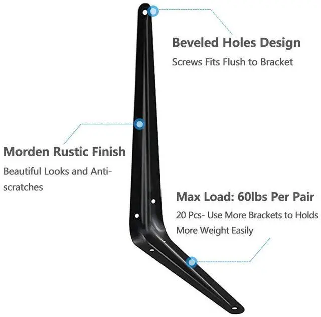 Alt view image 4 of 7 - 20 Pack Shelf Brackets 12 inches, Heavy Duty Black Iron Metal Floating Shelf Bracket, Rustic Farmhouse Decorative L Brackets for Shelves, Wall Mount Corner Brace for Wood Boards
