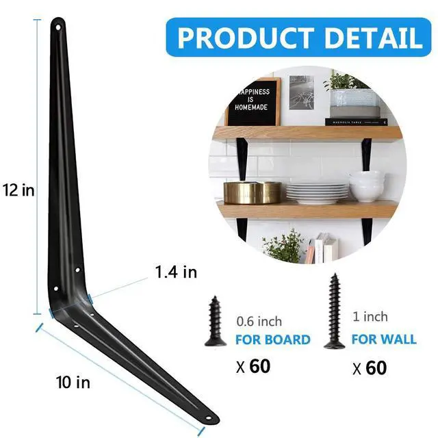 Alt view image 3 of 7 - 20 Pack Shelf Brackets 12 inches, Heavy Duty Black Iron Metal Floating Shelf Bracket, Rustic Farmhouse Decorative L Brackets for Shelves, Wall Mount Corner Brace for Wood Boards