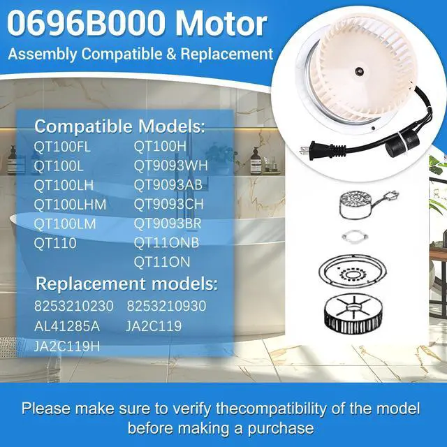 Alt view image 6 of 7 - Upgrade QT-110N-B QT-100L QT-110-B QT-90N-B Bathroom Fan Motor Blower Wheel | Fit for All Nutone QT-90-B QT110 QT100 QT9093WH QT-80-B Series Fans Replace 0696B000 Exhaust Fan Motor 100CFM 3.5 Sones
