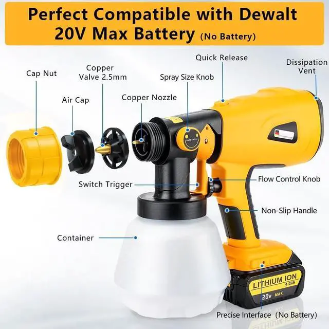Alt view image 5 of 7 - Paint Sprayer for Dewalt 20V Battery(Battery Not Included), 200W HVLP Cordless Handheld Spray Gun Brushless Motor, with Copper Nozzle, Adjustable Flow for Walls, Fences, Furniture, Cabinets