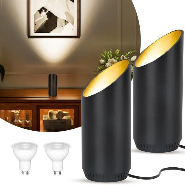 Main image of Up Lights Indoor: 2 Pack 6W GU10 Floor Can Lights, Black | Floor lights for living room: 3000K uplighting for plants and dark corners, replaceable GU10, 5.9 ft cord and foot switch