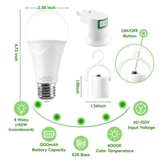 Alt view image 3 of 7 - Rechargeable Light Bulbs, 9W Battery Operated Light Bulbs | Power Outage Lights, Emergency Lights for Home Power Failure, 6000K Daylight, 6 Pack