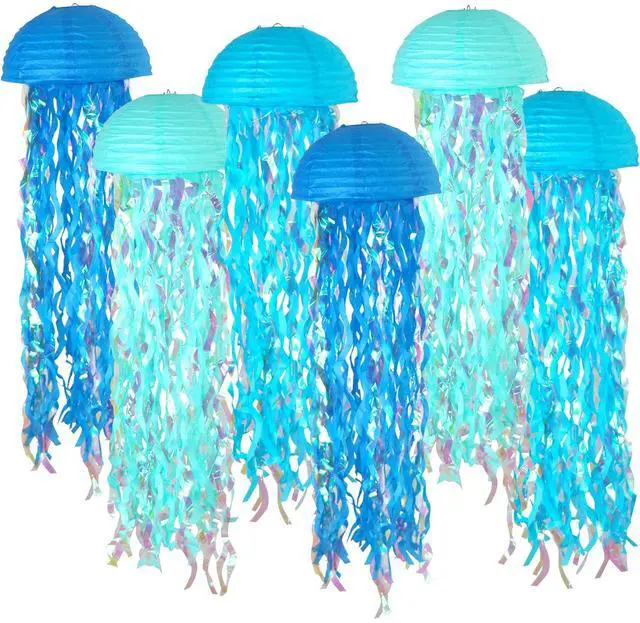 Main image of 6-Pack Jellyfish Paper Lanterns, Under the Sea Party Decorations | 10-Inch Gradient Blue Jelly fish Paper Lanterns for Mermaid Birthday, Baby Shower, Beach Theme Party, Classrooms,Ocean Decor