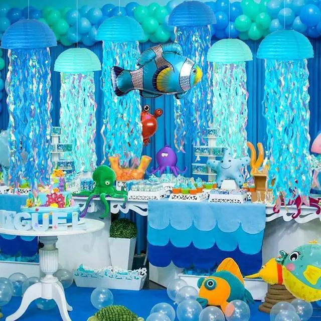 Alt view image 4 of 6 - 6-Pack Jellyfish Paper Lanterns, Under the Sea Party Decorations | 10-Inch Gradient Blue Jelly fish Paper Lanterns for Mermaid Birthday, Baby Shower, Beach Theme Party, Classrooms,Ocean Decor